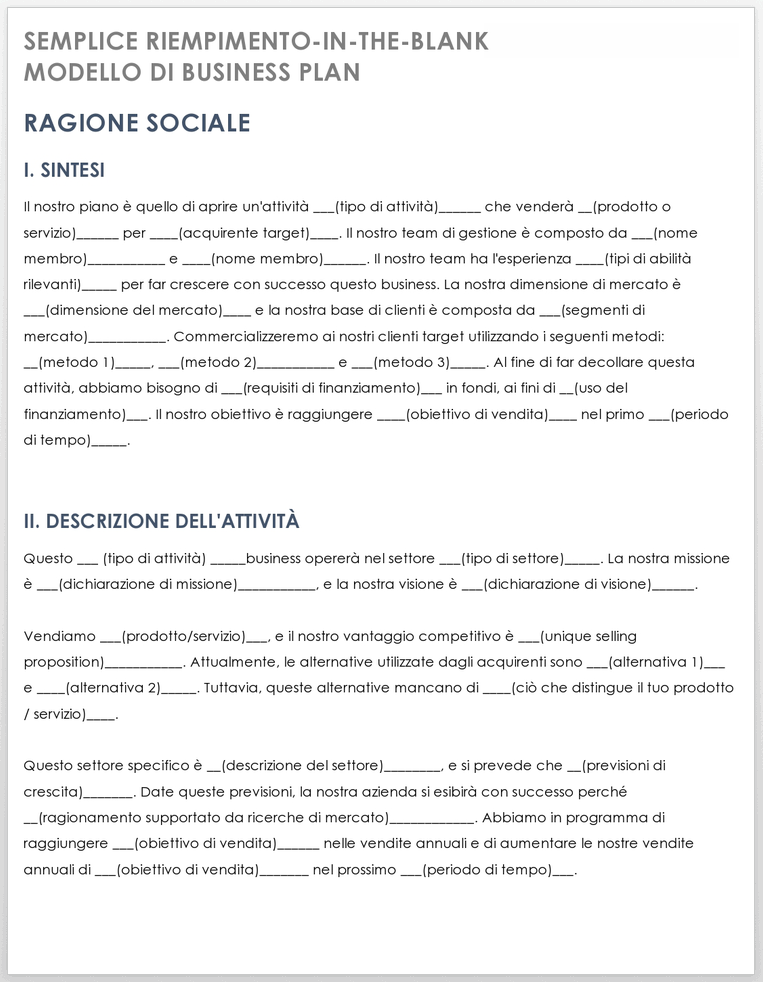 business plan template word italiano